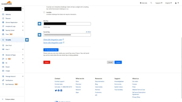 Getting your Turnstile site key and secret keys