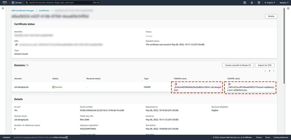 Copy the CNAME Name and CNAME Value Fields